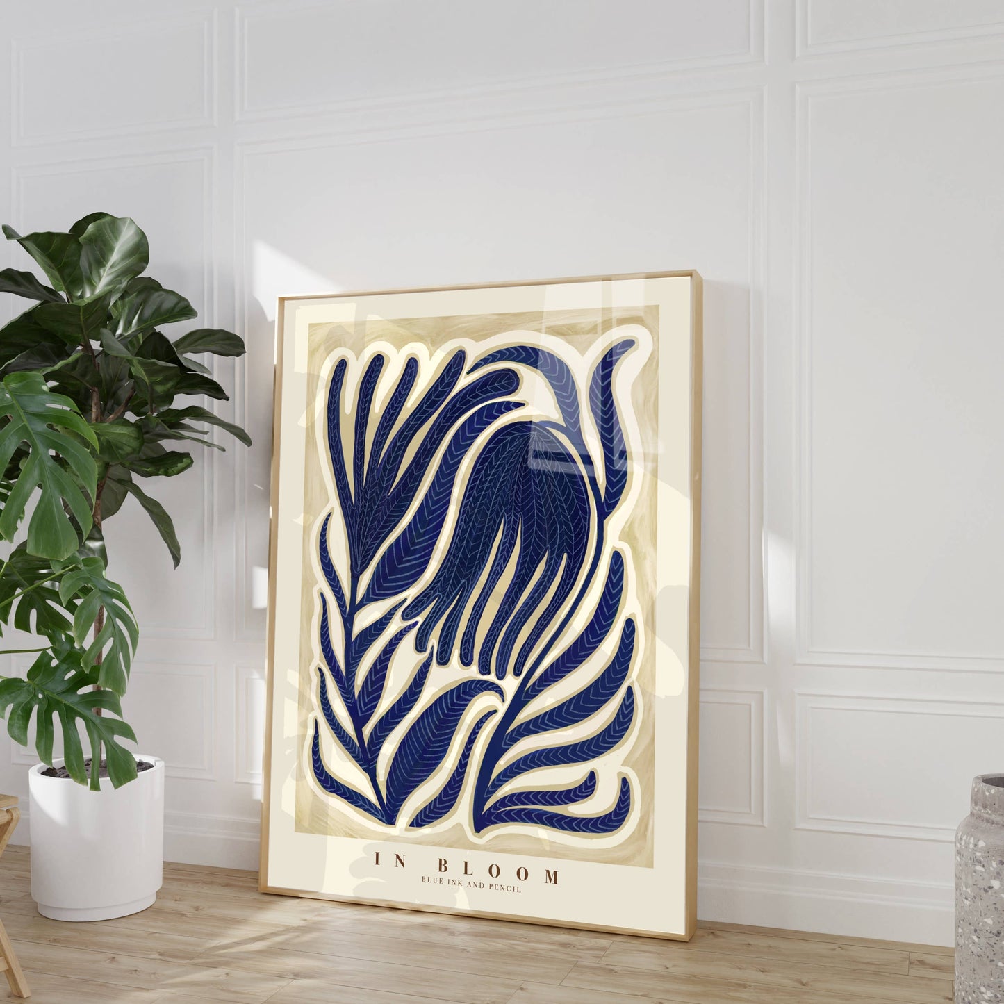 Blue Flower Art Print, Neutral Print, Hand Drawn, Quirky