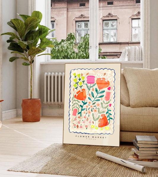 Flower Market Pienza Print, Illustration, Modern, Colourfu